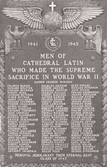 WWII memorial plaque at NDCL listing Cathedral Latin men who made the supreme sacrifice, 1941–1945