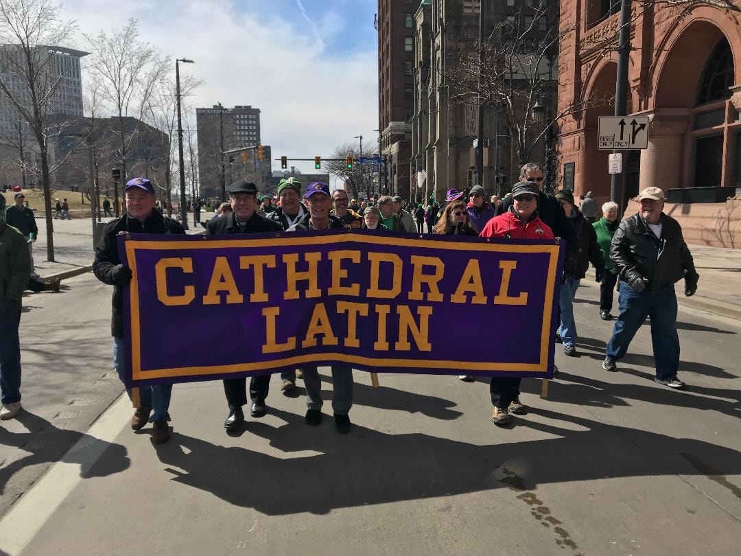Cathedral Latin alumni marching in the St. Patrick's Day parade
